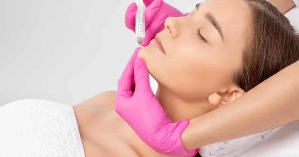 Current image: Woman receiving Kybella injection in Gilbert, AZ for double chin reduction from a professional provider.